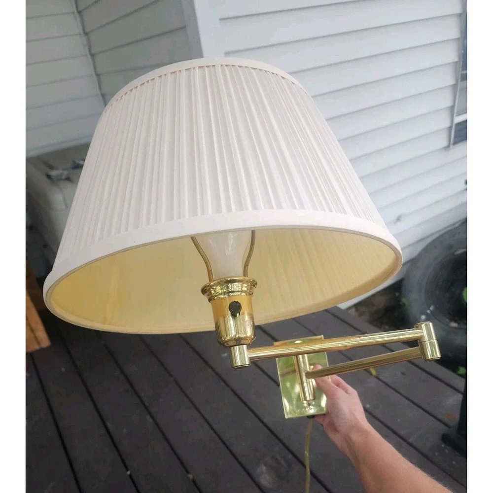 Vintage Solid Gold Brass Wall Mounted Swing Arm Lamp, Mushroom Pleated Shade MCM